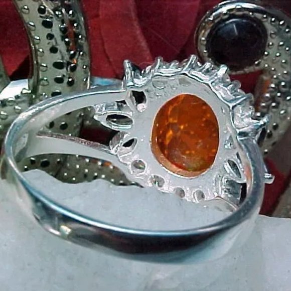 NATURAL MEXICAN FIRE OPAL RING AAA++ 9x7mm FACETED & BLUE SAPPHIRE 925 SS - Picture 9 of 11